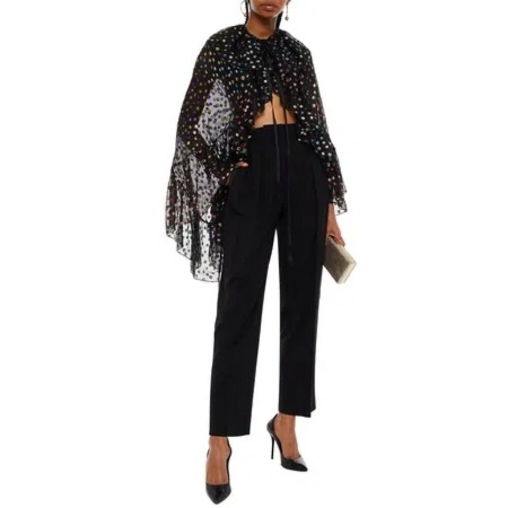 NWT $3050 Saint Laurent Ruffled Metallic Fil Coupé Silk Blend Cape Black Sz 36
